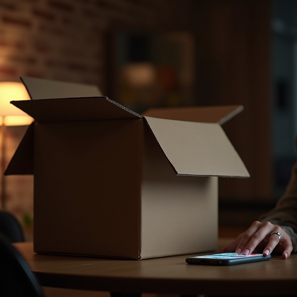 Paquete de compra online abierto junto a una pantalla con un pedido nocturno