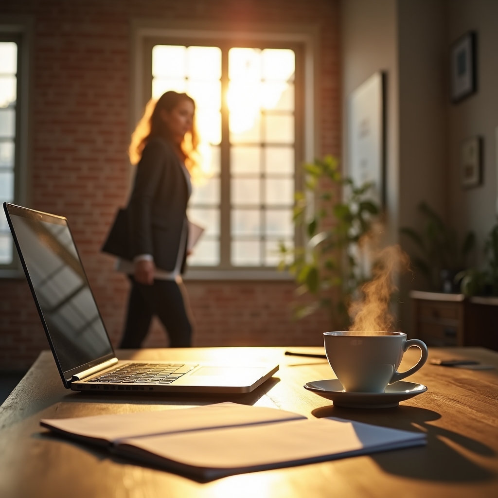 Escritorio ordenado por la mañana con luz natural y una agenda abierta