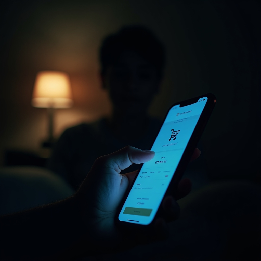 Primer plano de una mano sosteniendo un teléfono con el brillo de la pantalla en la oscuridad